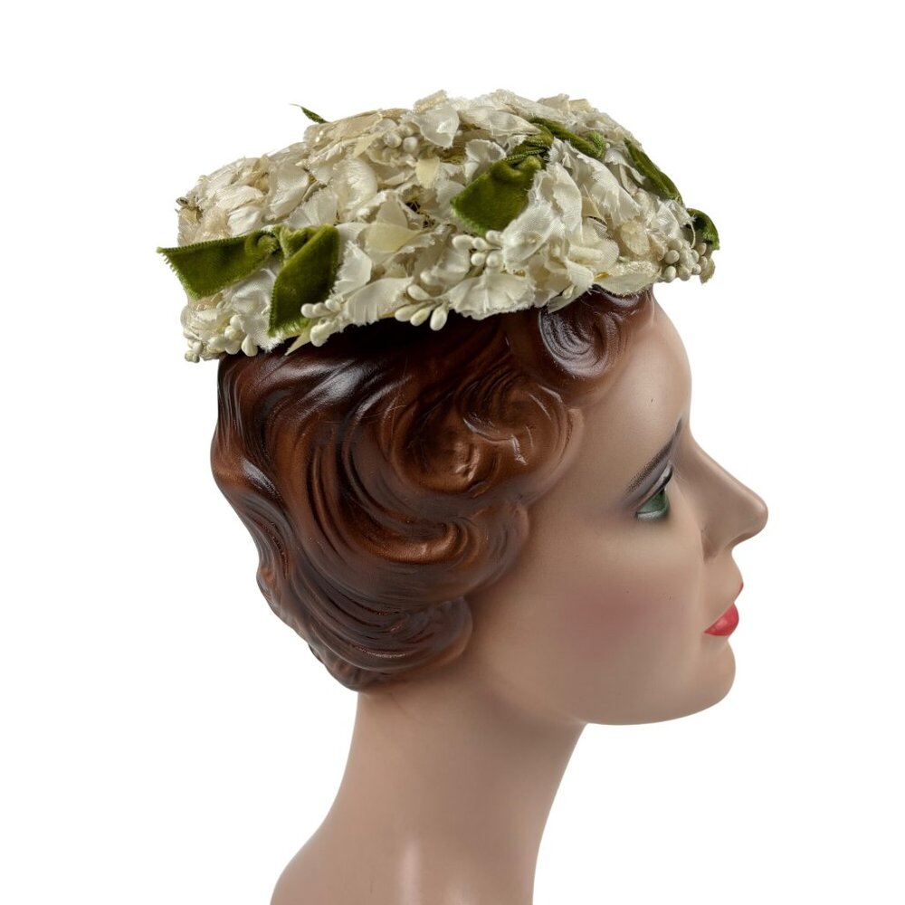 Vintage 50s Floral Hat White Green Bows Formal Round Pillbox B. Forman - Picture 2 of 11